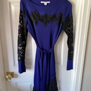 Diane Von Furstenberg Royal Blue Dress with Black Lace - Sz 10 - never worn!